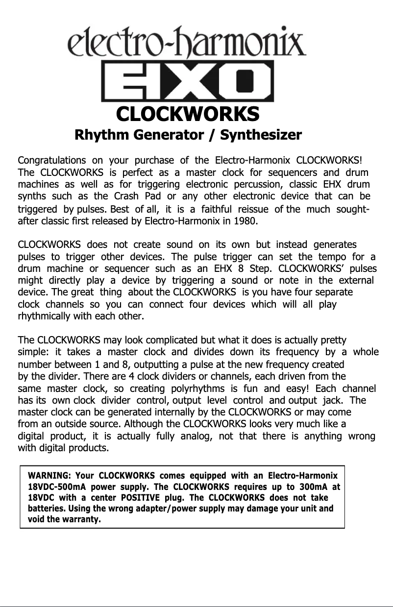Page 1 de la notice Manuel utilisateur Electro Harmonix Clockworks