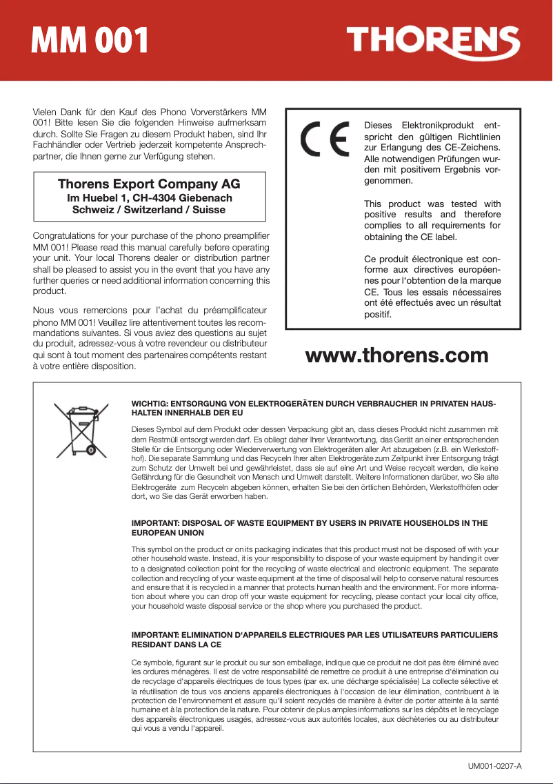 Page n°1 - Manuel utilisateur Thorens MM 001