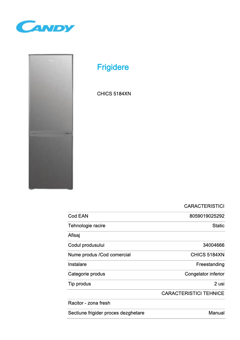 Page 1 de la notice Fiche technique Candy CHICS 5184XN