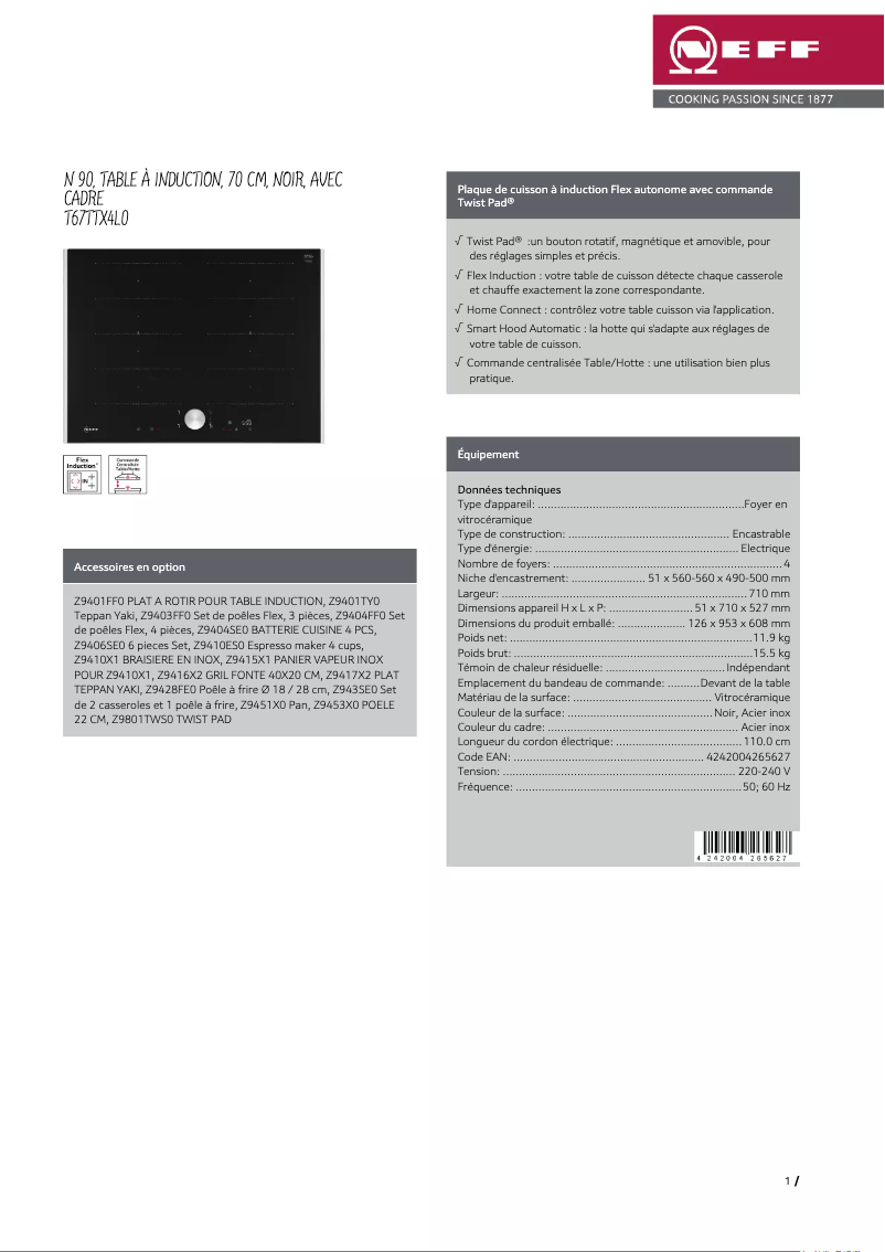 Page 1 of the manual Technical Sheet Neff T67TTX4L0