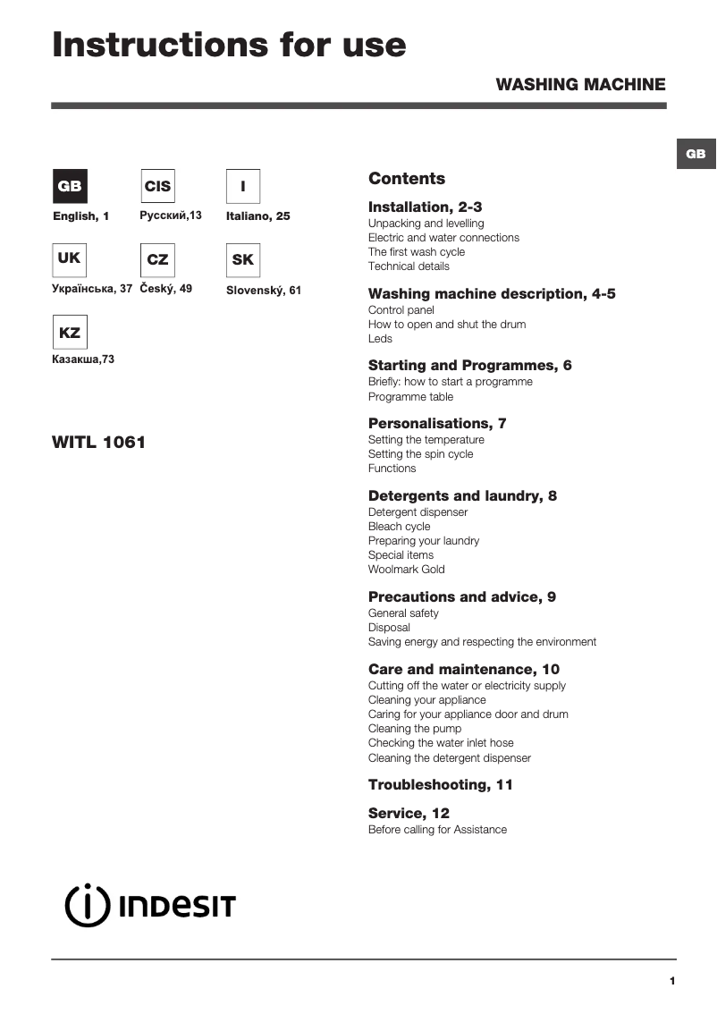 Page 1 de la notice Manuel utilisateur Indesit WITL 1061