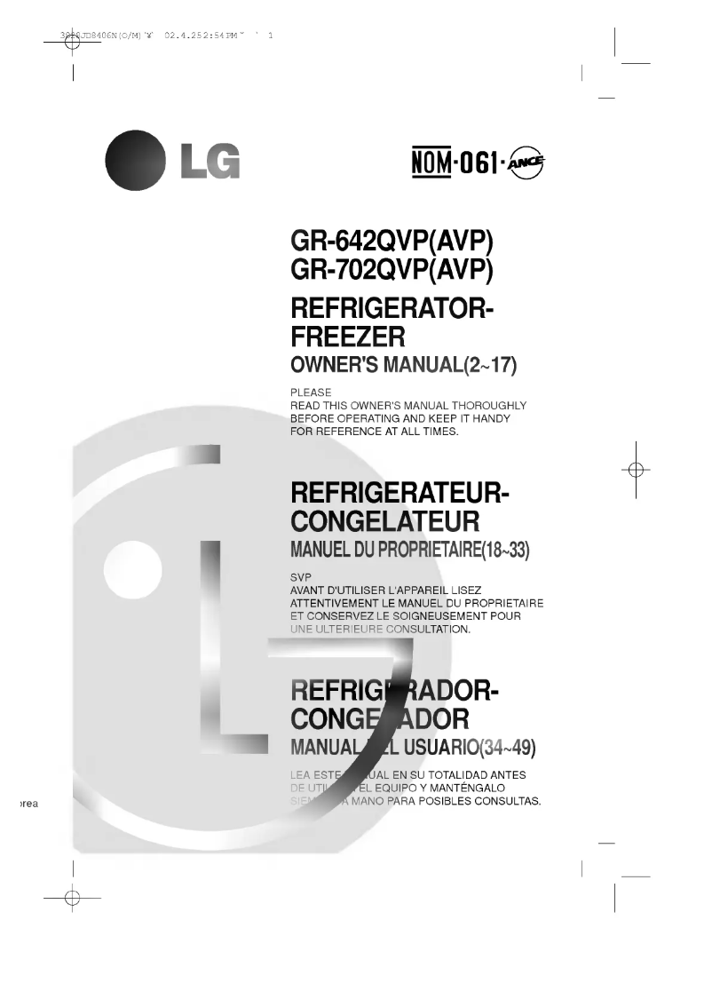 Page 1 de la notice Manuel utilisateur LG GR-702AVP