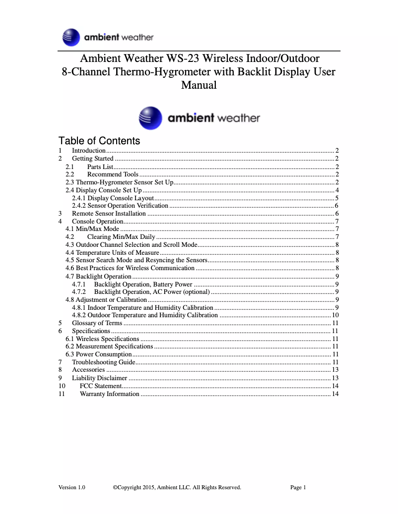 Page n°1 - Manuel utilisateur Ambient Weather WS-23