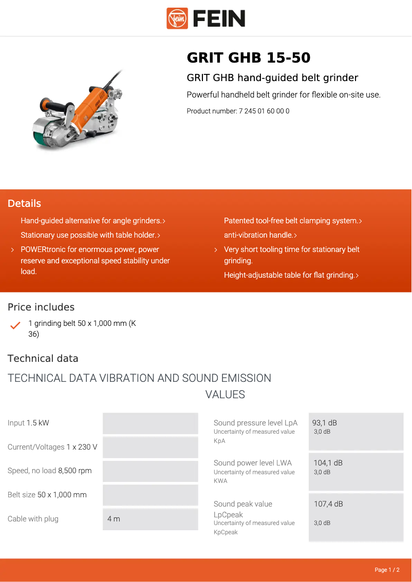 Página 1 del manual Ficha técnica Fein GRIT GHB 15-50