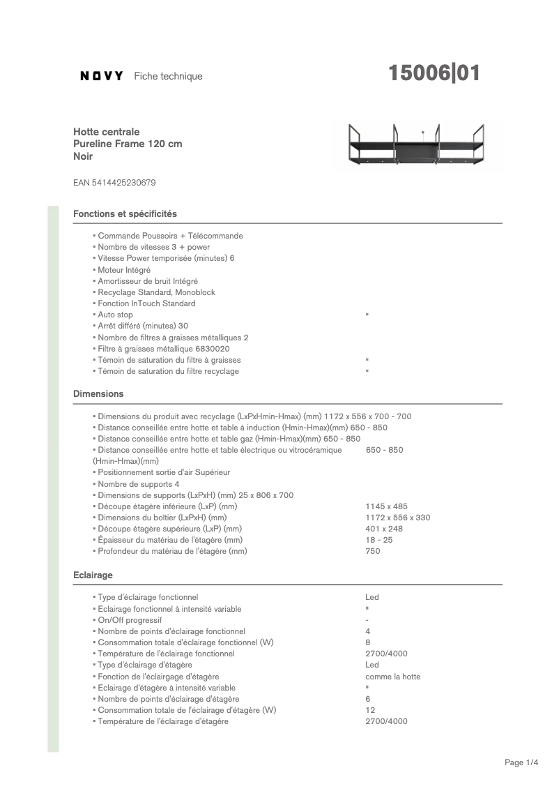 Page n°1 - Fiche technique Novy Pureline Frame 15006