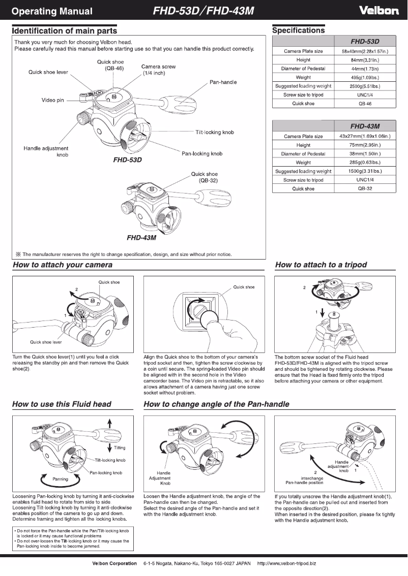 Page 1 de la notice Manuel utilisateur Velbon FHD-43M