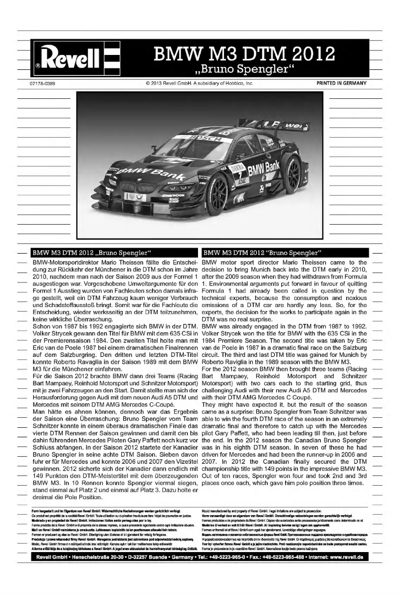Page n°1 - Manuel utilisateur Revell BMW M3 DTM 2012 Bruno Spengler
