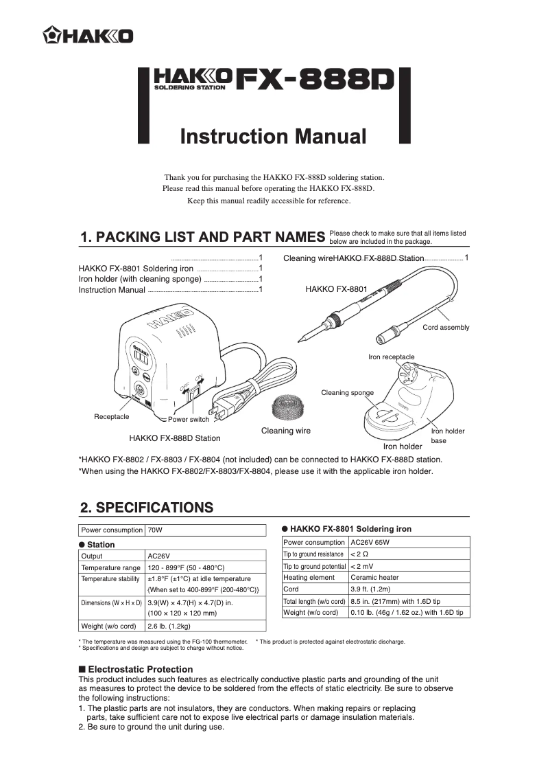 Page 1 de la notice Manuel utilisateur Hakko FX-888D