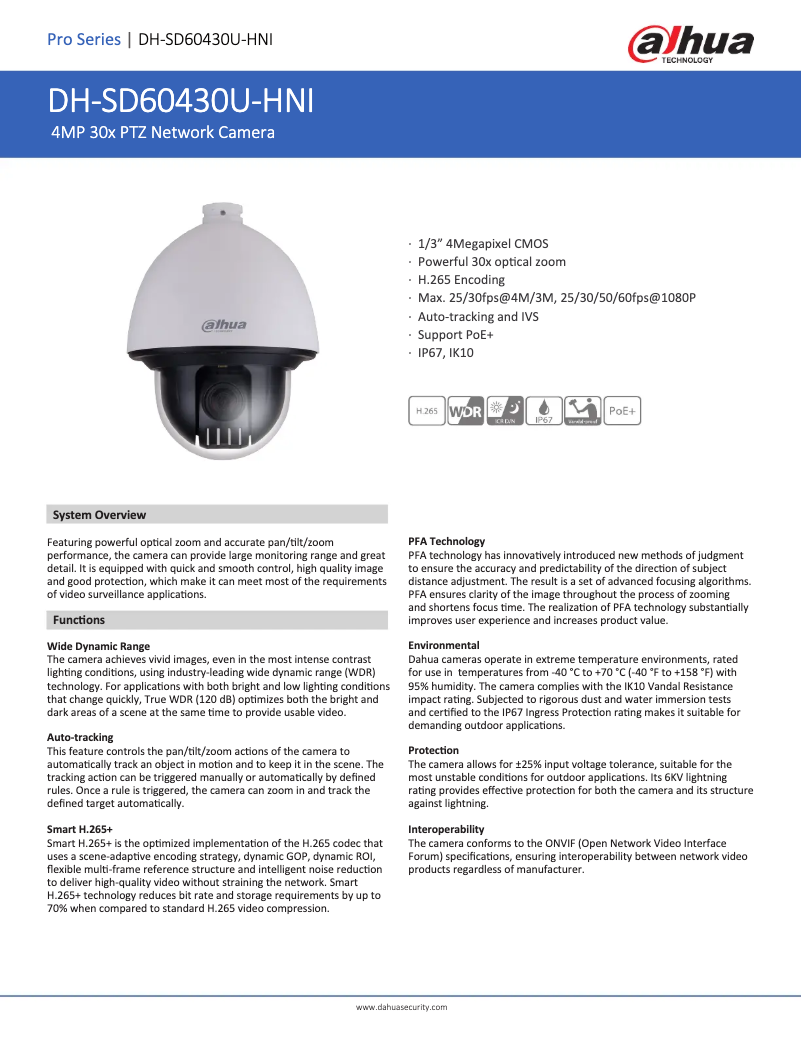 Page 1 de la notice Fiche technique Dahua Technology SD60430U-HNI