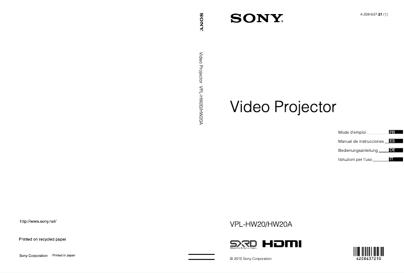 Page 1 de la notice Manuel utilisateur Sony VPL-HW20