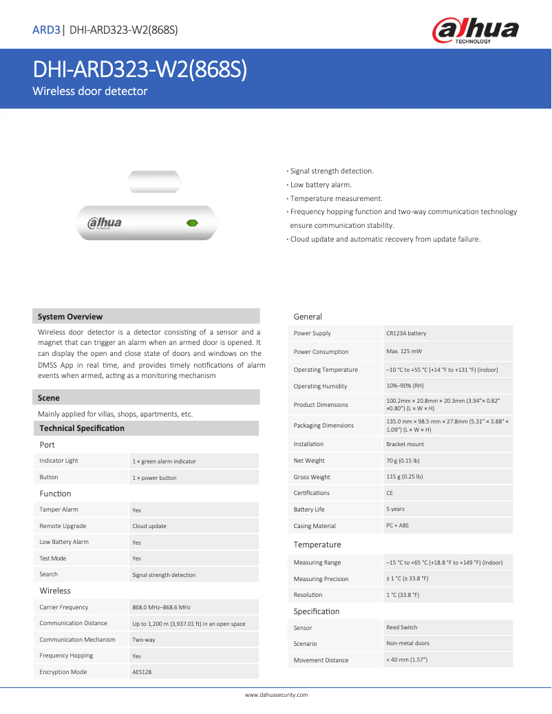 Page 1 de la notice Fiche technique Dahua Technology ARD323-W2