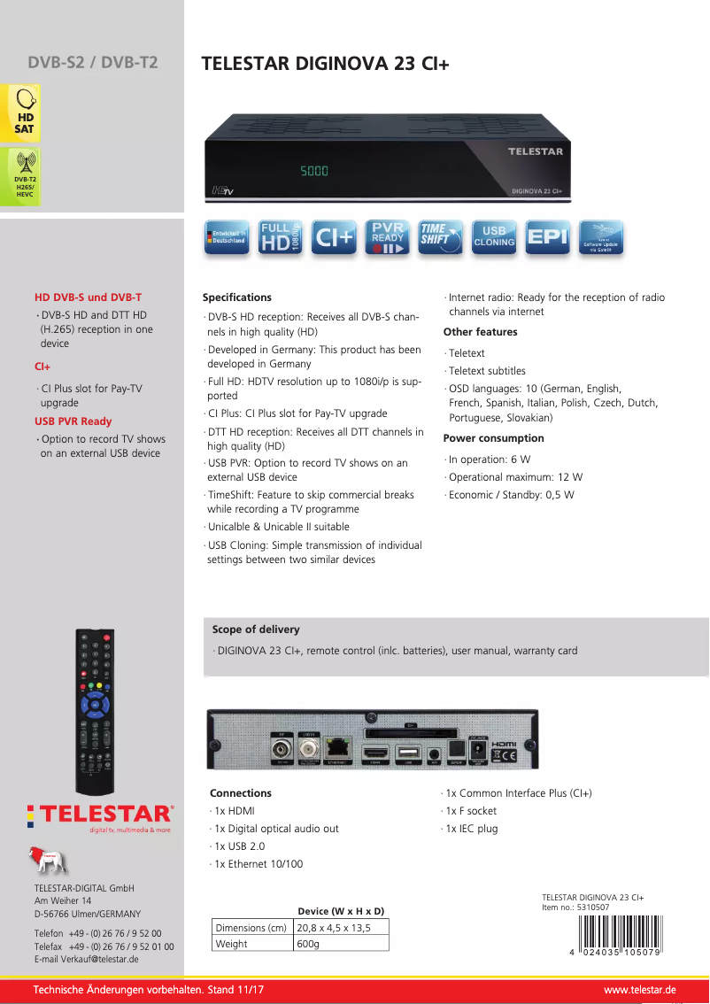 Page 1 de la notice Fiche technique Telestar DIGINOVA 22 CI+