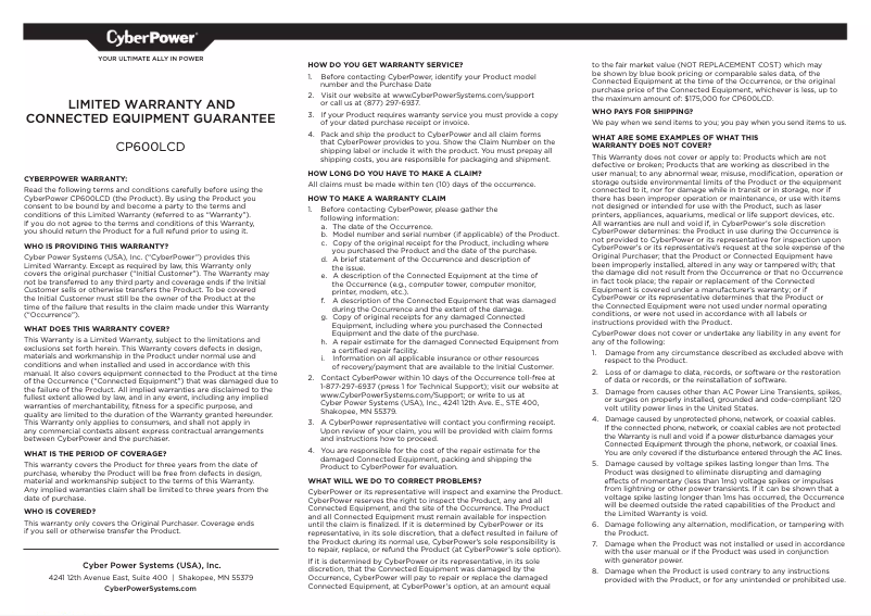Page n°1 - Informations de garantie CyberPower CP600LCD