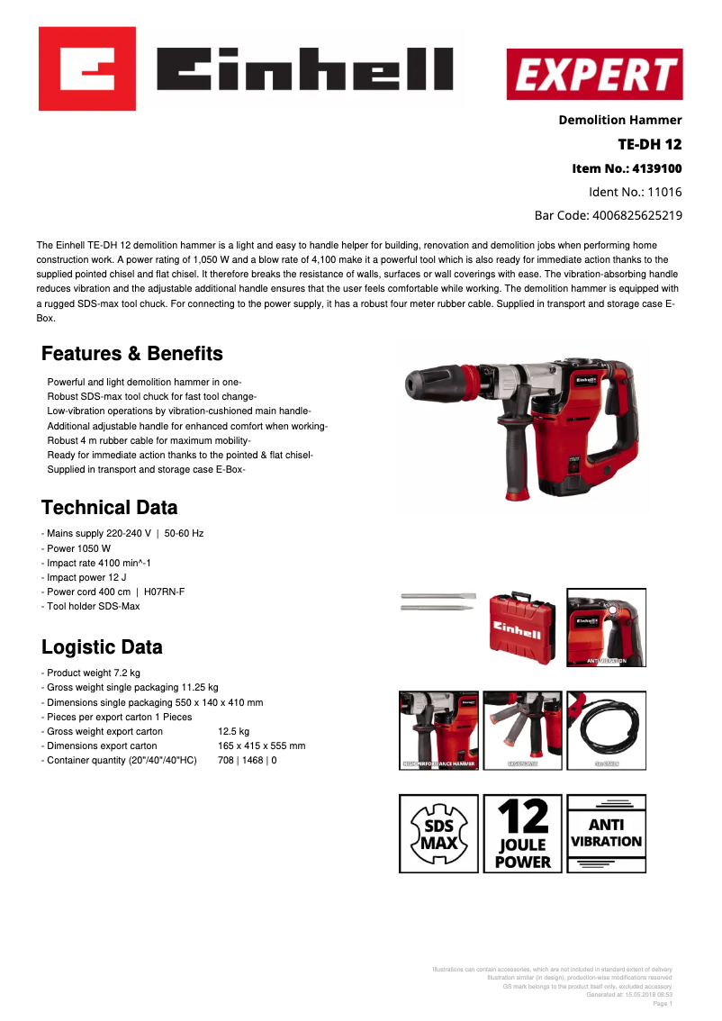Page 1 de la notice Fiche technique Einhell TE-DH 12