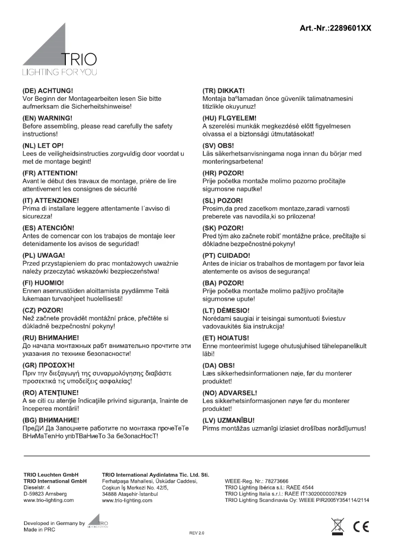 Page 1 de la notice Manuel utilisateur Trio Lighting Hondo 228960101