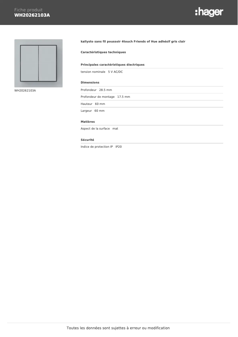 Page 1 de la notice Fiche technique Hager WH20262103A