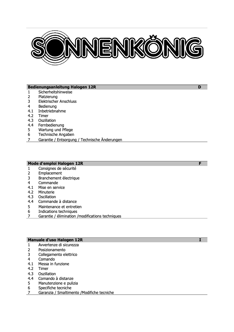 Page n°1 - Manuel utilisateur Sonnenkönig HALOGEN 12R