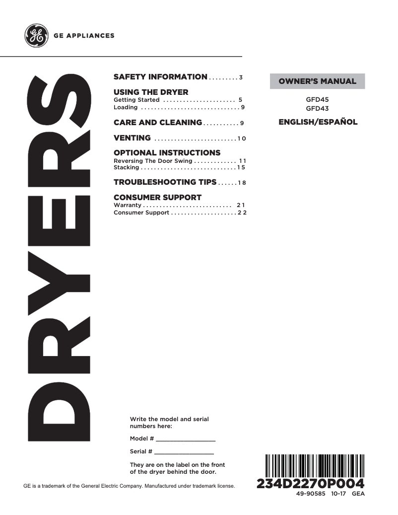 Page n°1 - Manuel d'utilisation et d'entretien GE GFD45ESSKWW