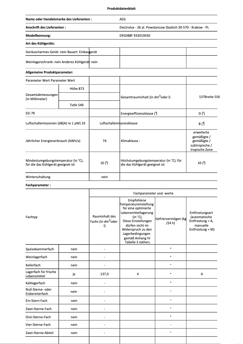 Page 1 de la notice Fiche technique AEG ER5D88F