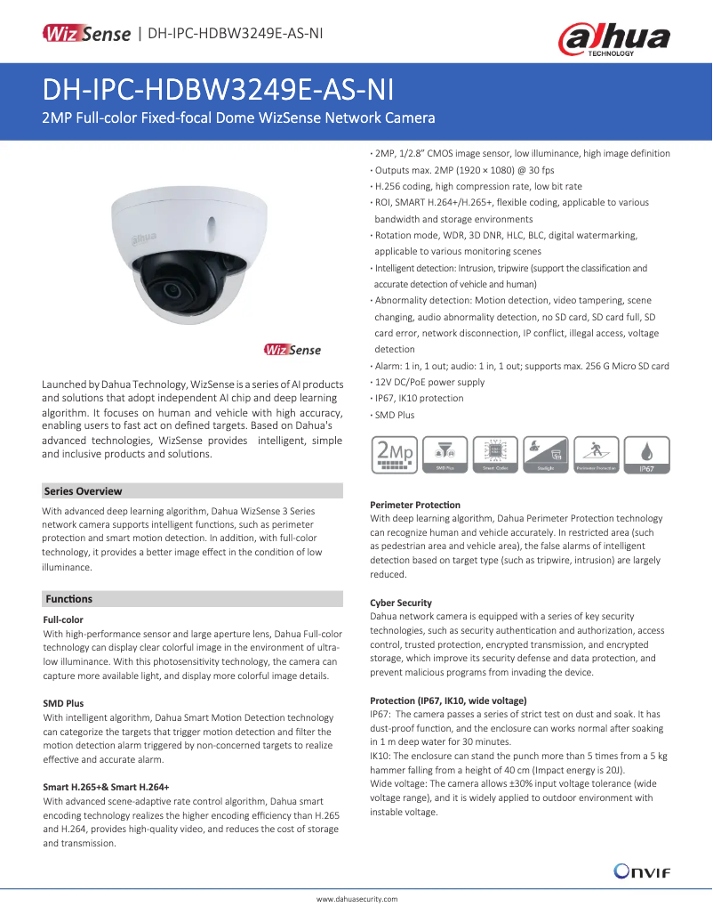 Page 1 de la notice Fiche technique Dahua Technology IPC-HDBW3249E-AS-NI
