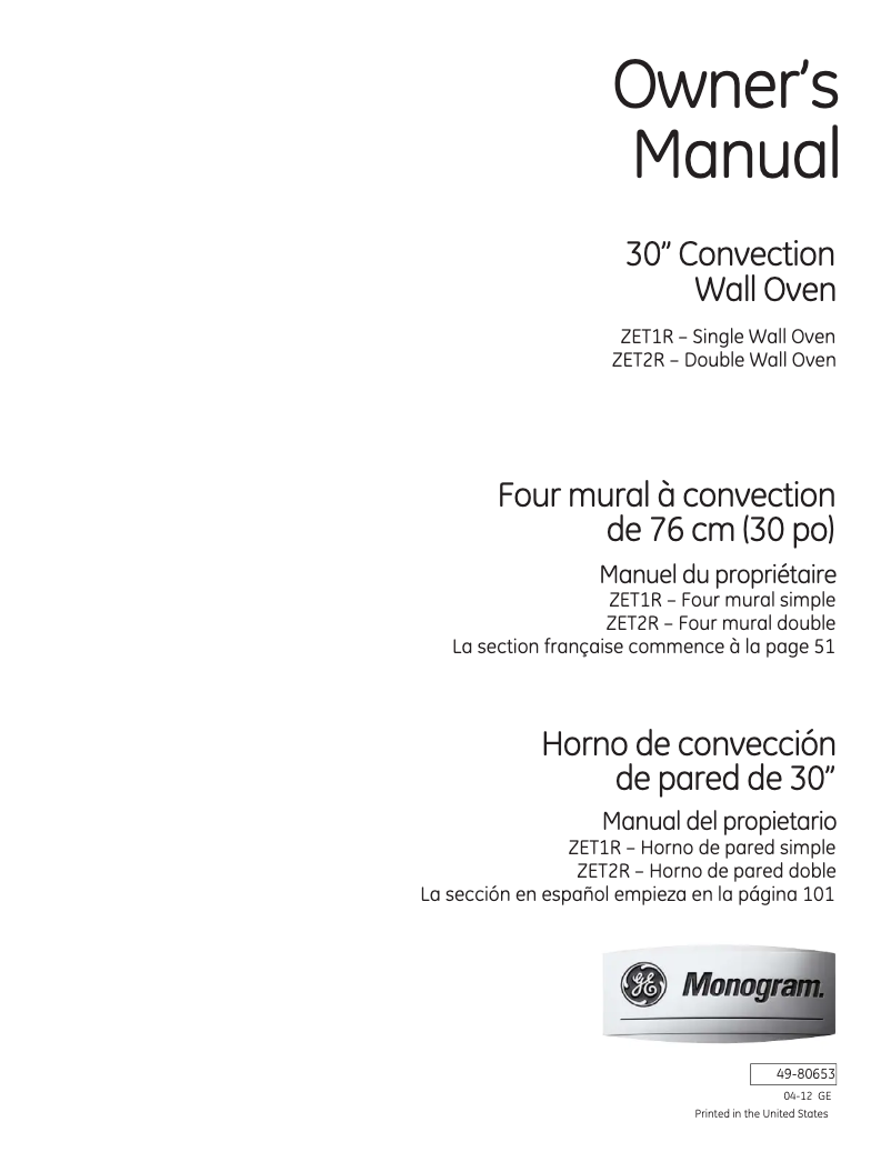 Page n°1 - Manuel d'utilisation et d'entretien GE ZET1RMSS