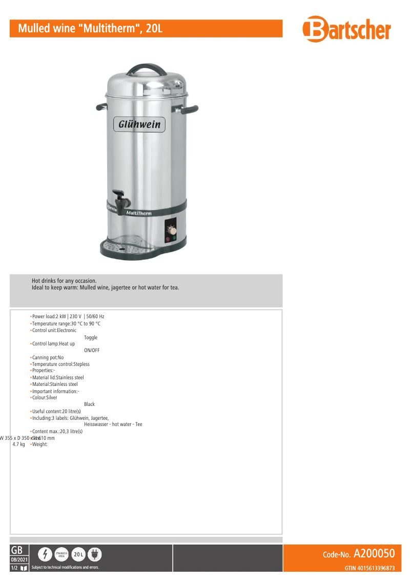 Page n°1 - Fiche technique Bartscher A200050