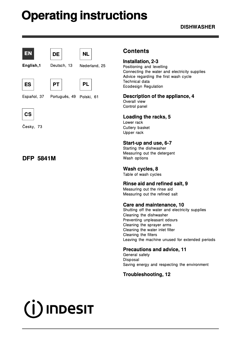 Page n°1 - Manuel utilisateur Indesit DFP 5841M NX EU