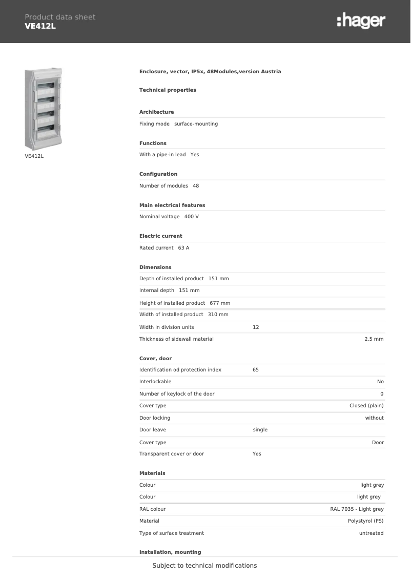 Page n°1 - Fiche technique Hager VE412L