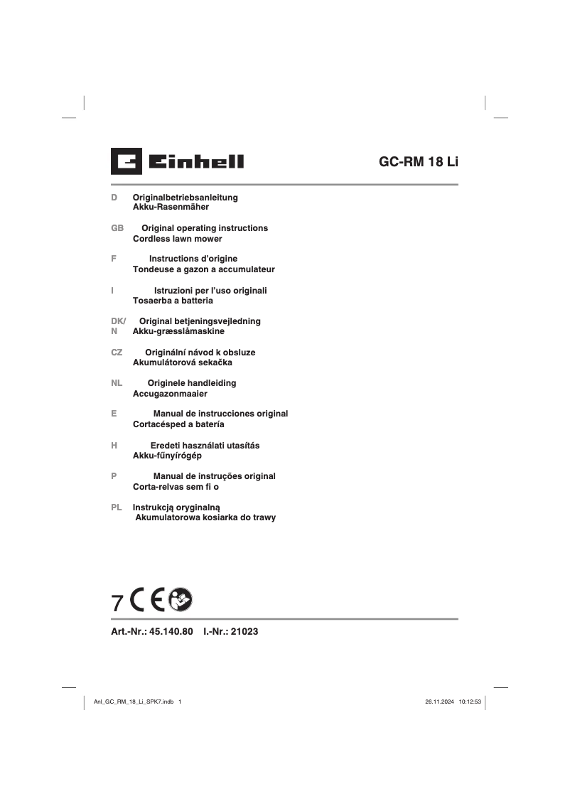 Page n°1 - Manuel utilisateur Einhell GC-RM 18 Li