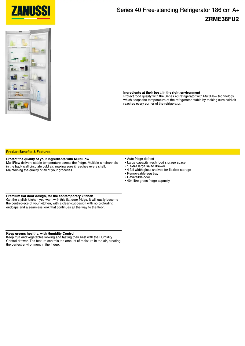 Page 1 de la notice Fiche technique Zanussi ZRME38FU2