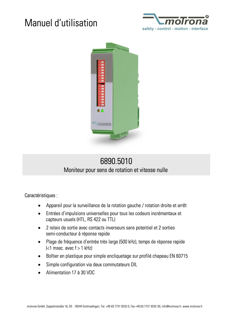 Page n°1 - Manuel utilisateur Motrona 6890.5010