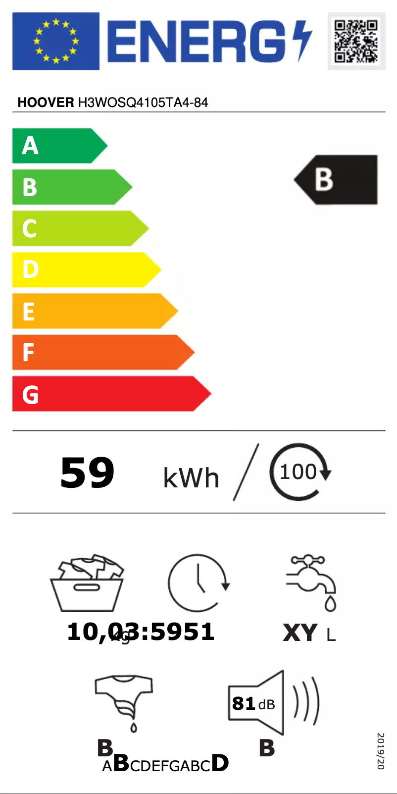 Page 1 de la notice Label énergétique Hoover H3WOSQ4105TA4-84