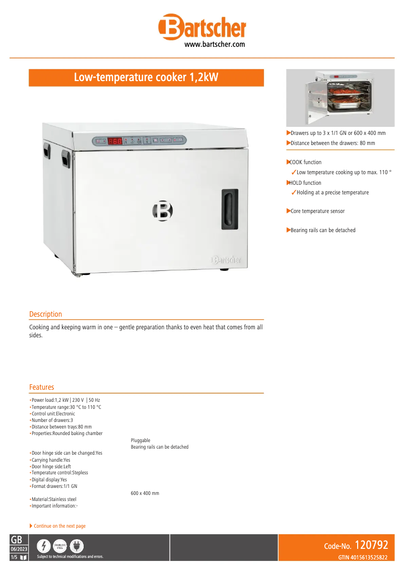 Page n°1 - Fiche technique Bartscher 120792