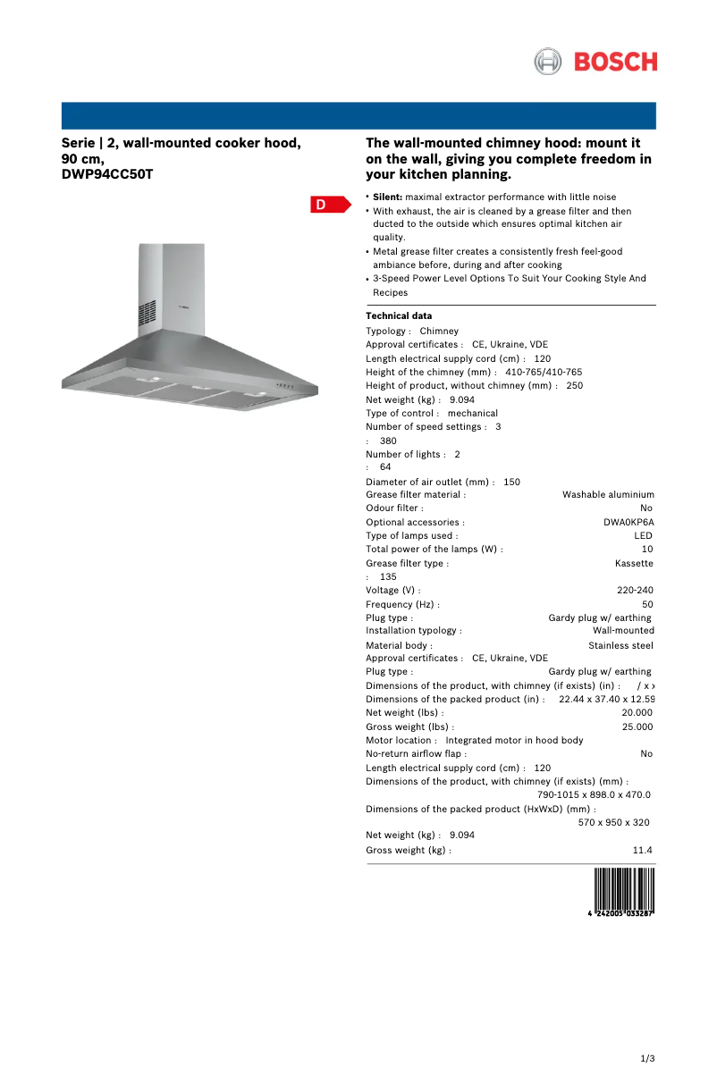 Page 1 de la notice Fiche technique Bosch DWP94CC50T