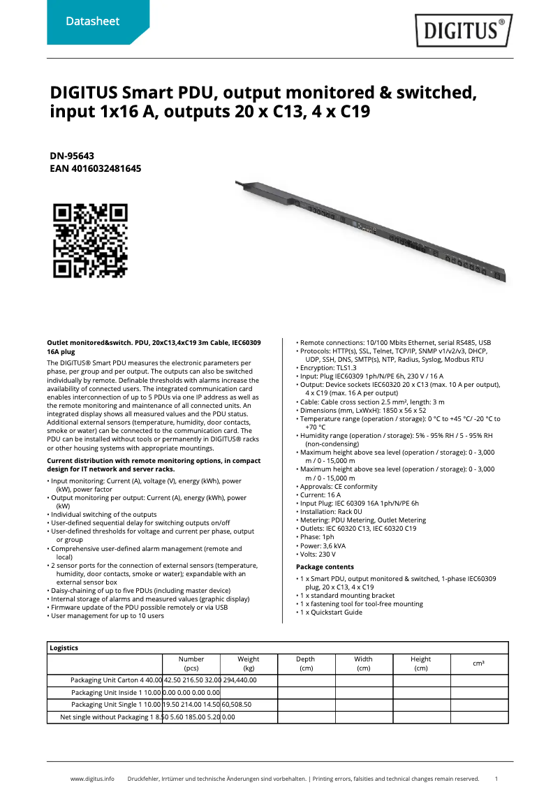 Page 1 de la notice Fiche technique Digitus DN-95643