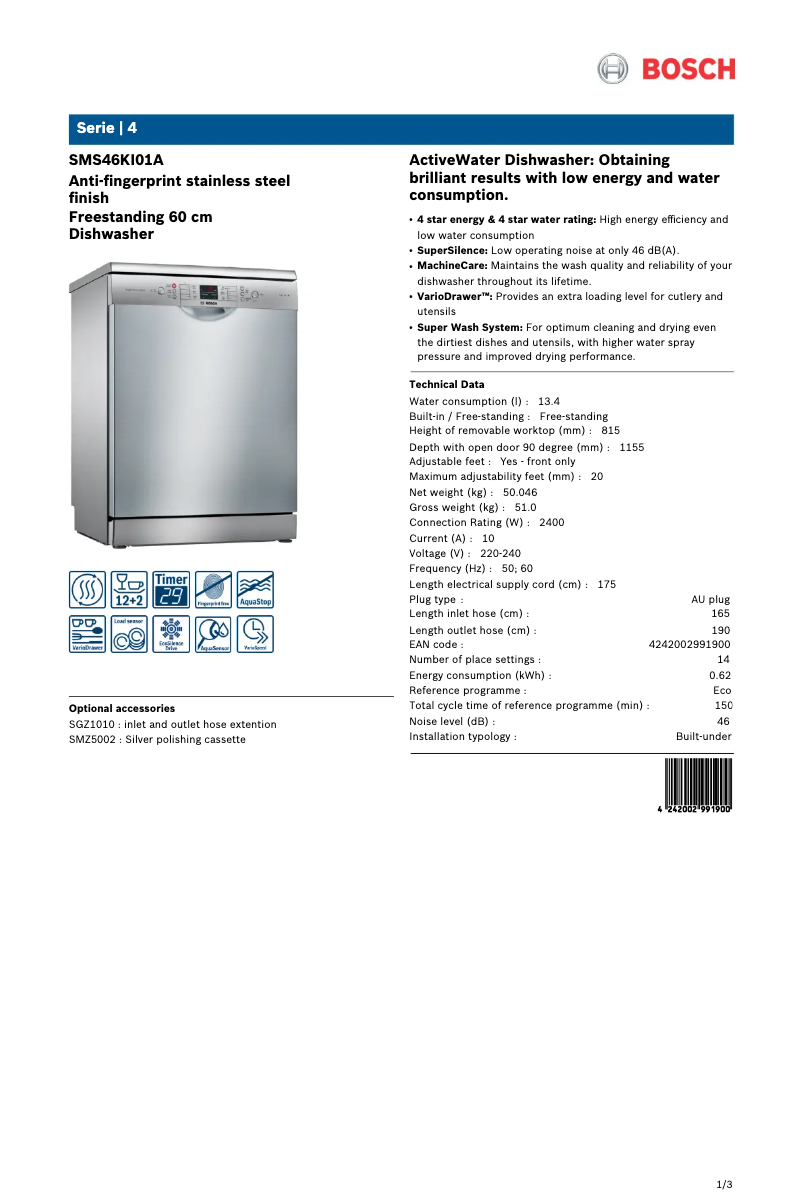 Page n°1 - Fiche technique Bosch SMS46KI01A