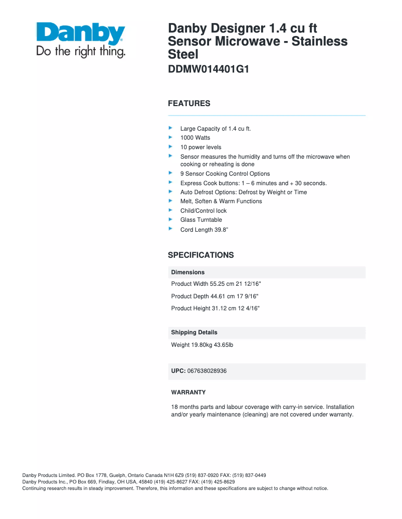 Page 1 de la notice Fiche technique Danby DDMW014401G1