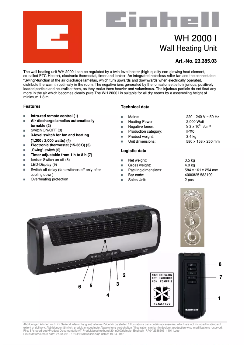 Page 1 de la notice Fiche technique Einhell WH 2000 I