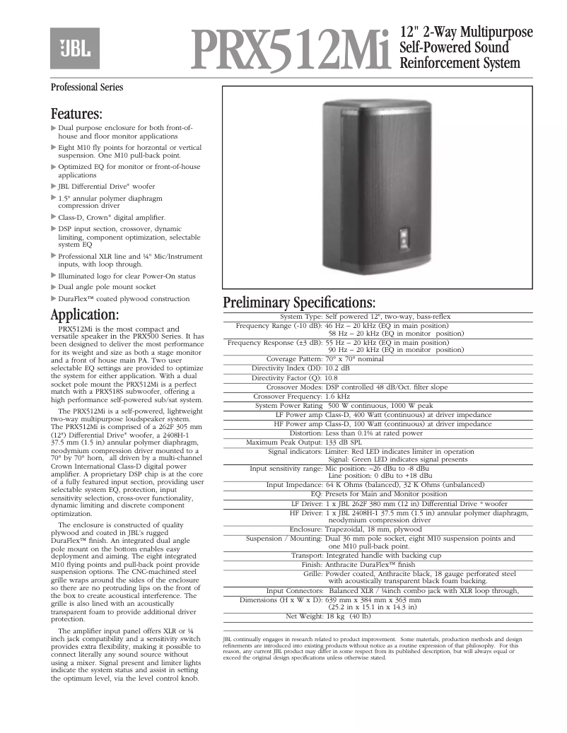 Page n°1 - Fiche technique JBL PRX512MI