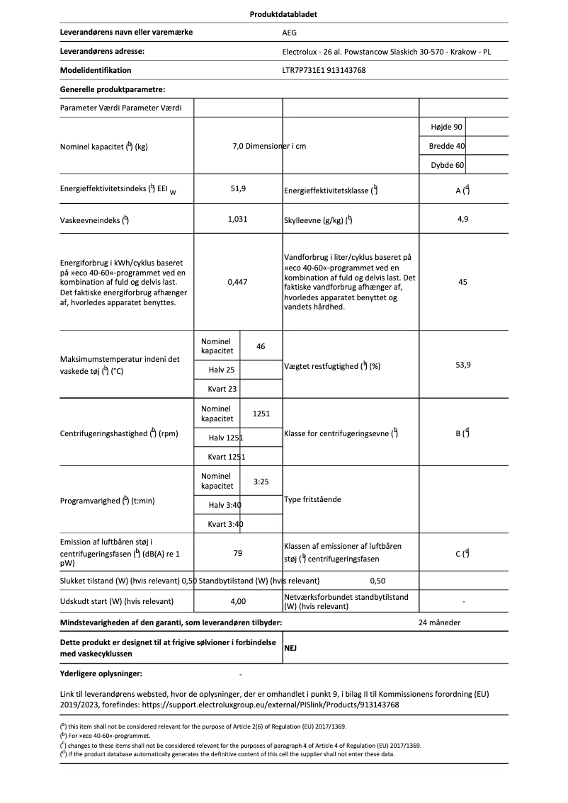 Page 1 de la notice Fiche technique AEG LTR7P731E1