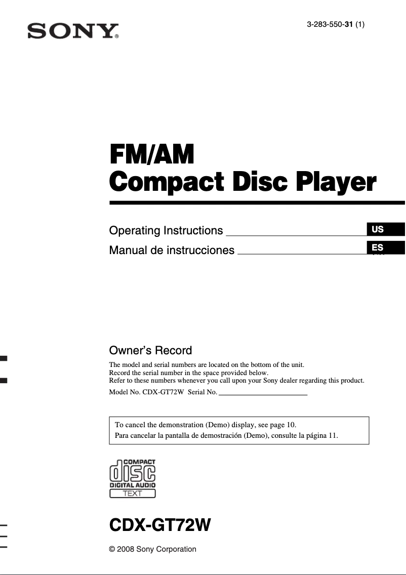Page n°1 - Manuel utilisateur Sony CDX-GT72W