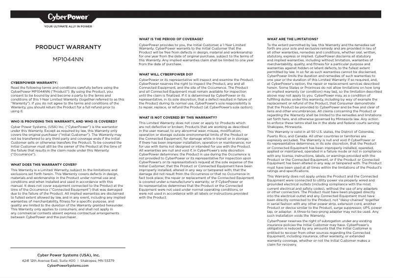 Page n°1 - Informations de garantie CyberPower MP1044NN