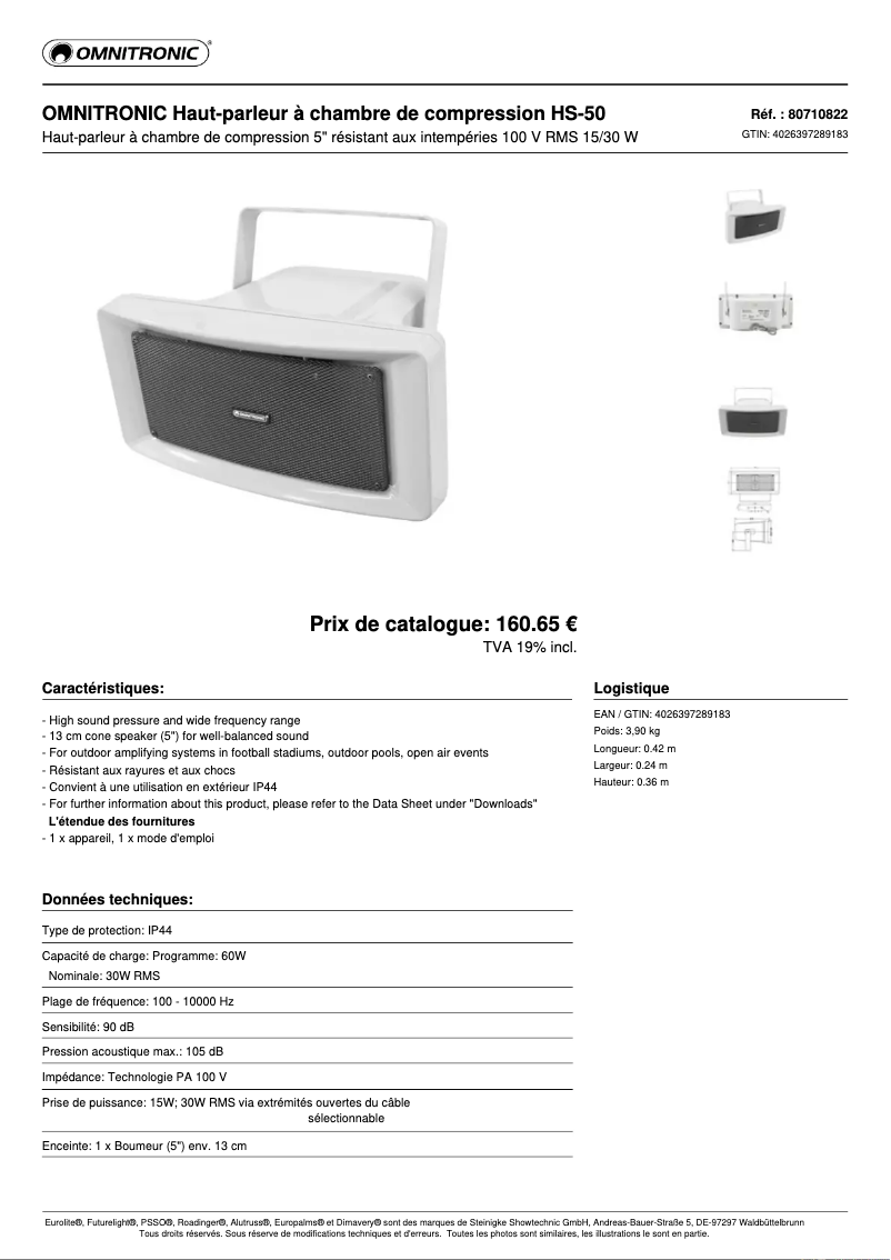 Page n°1 - Fiche technique Omnitronic HS-50
