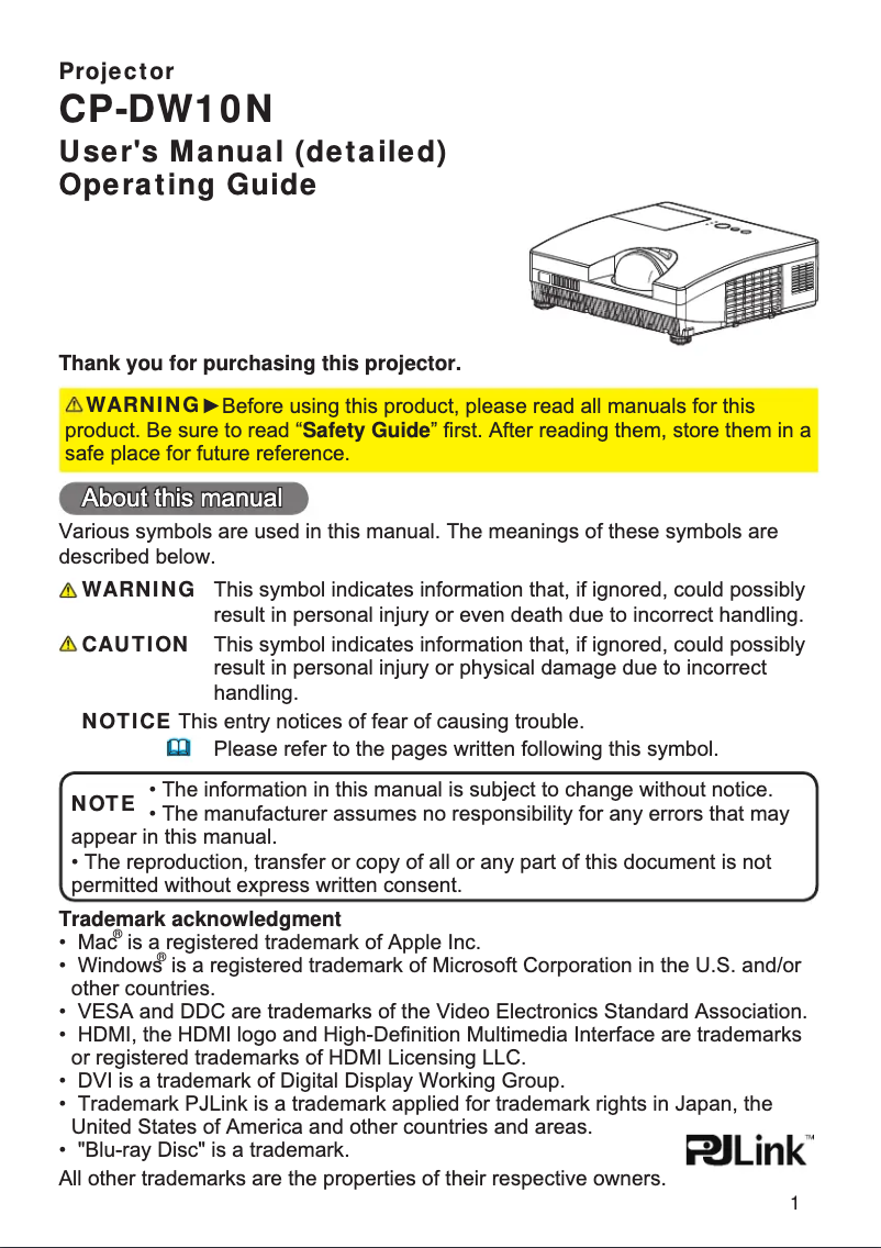 Page 1 de la notice Brochure Hitachi CP-DW10N