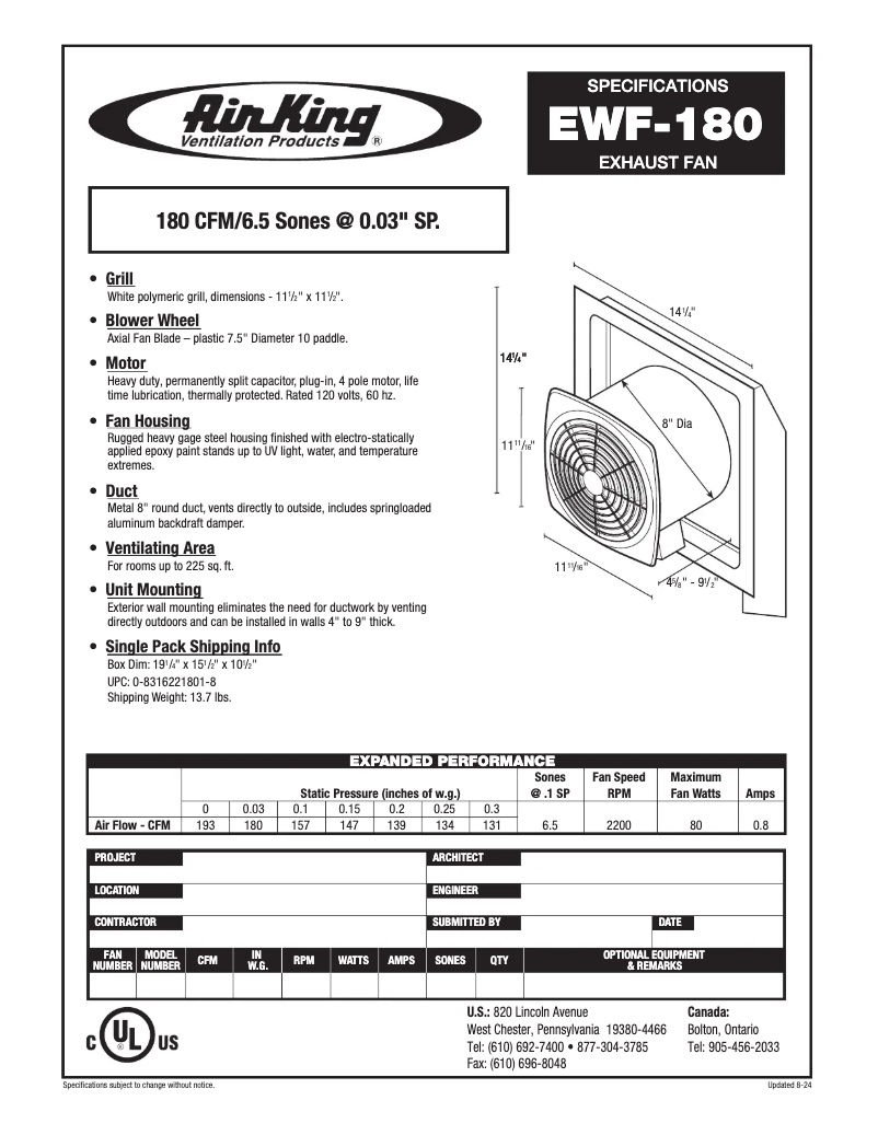 Page 1 de la notice Fiche technique Air King EWF-180