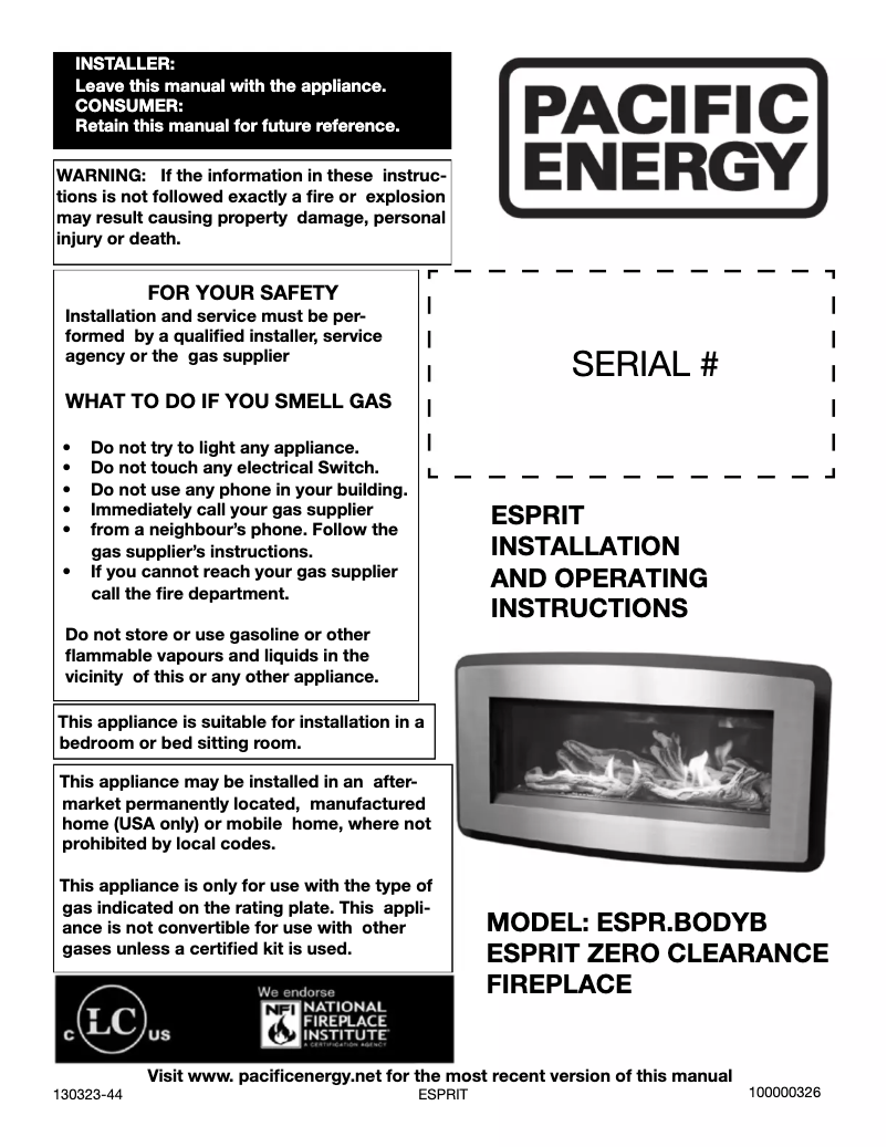 Page 1 de la notice Manuel utilisateur Pacific Energy Espirit