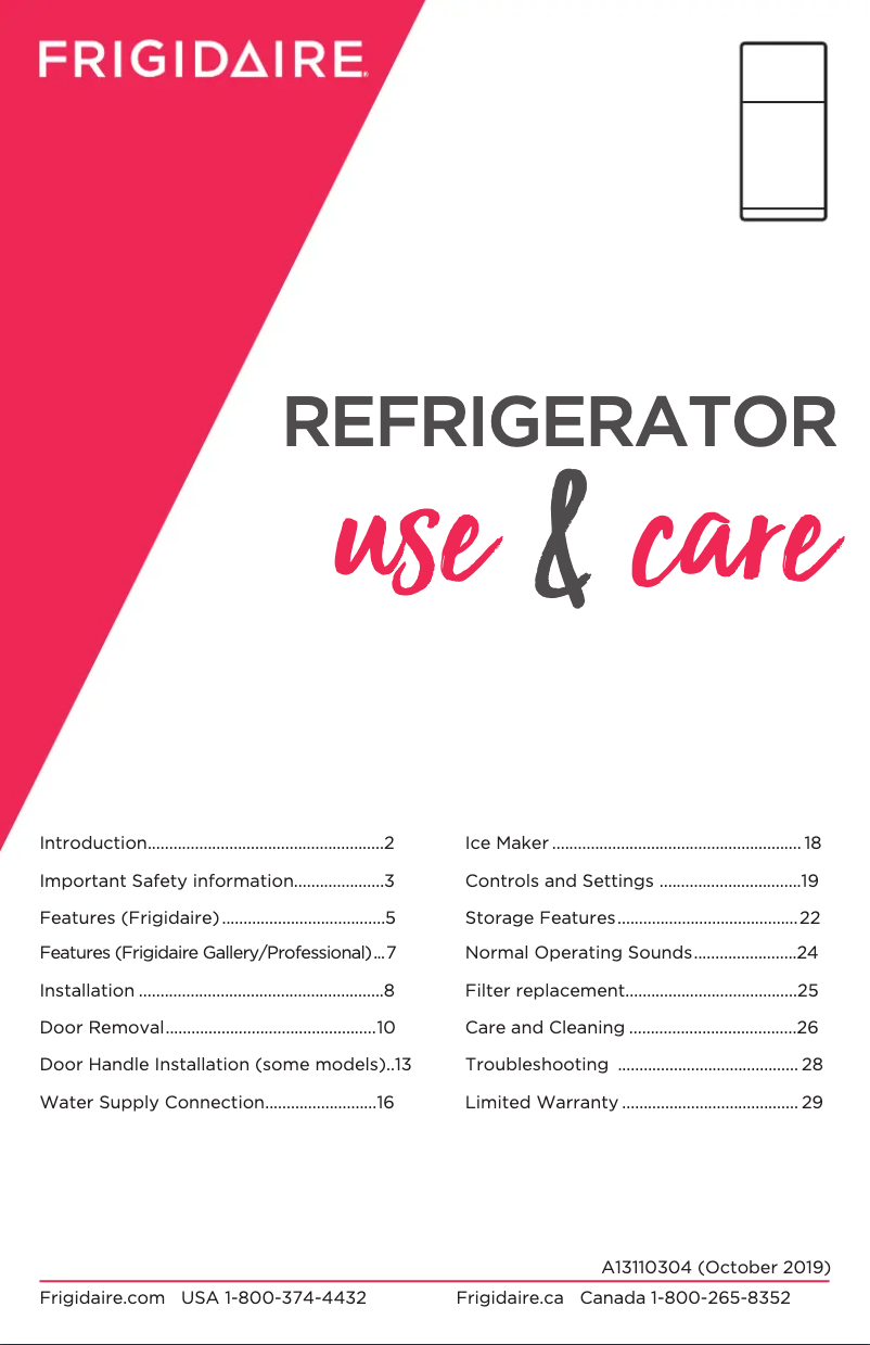 Page 1 de la notice Manuel d'utilisation et d'entretien Frigidaire FFTR1814WB