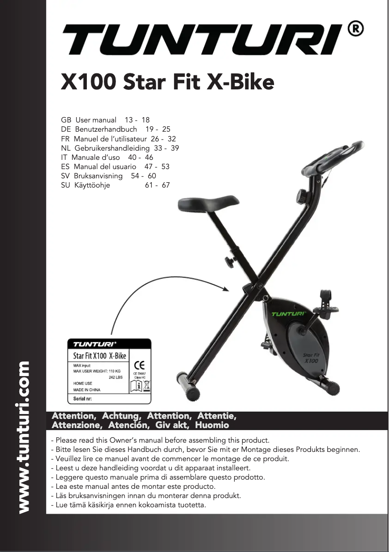 Page n°1 - Manuel utilisateur Tunturi Star Fit X100 X-Bike