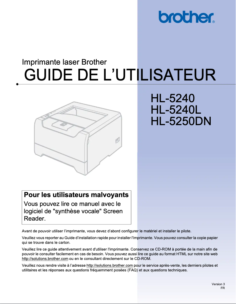 Page 1 de la notice Manuel utilisateur Brother HL-5240