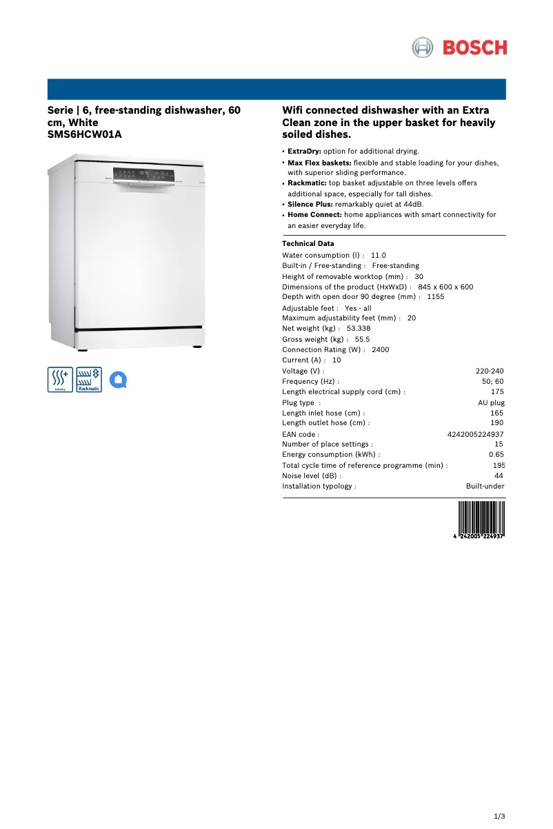 Page n°1 - Fiche technique Bosch SMS6HCW01A